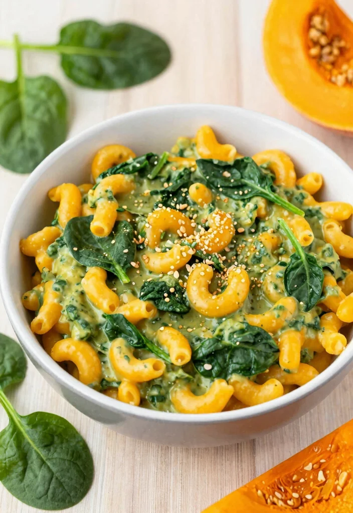 17 Vegan Butternut Squash Mac and Cheese Recipes for Family Comfort - Creamy Vegan Butternut Squash Mac and Cheese with Spinach 1