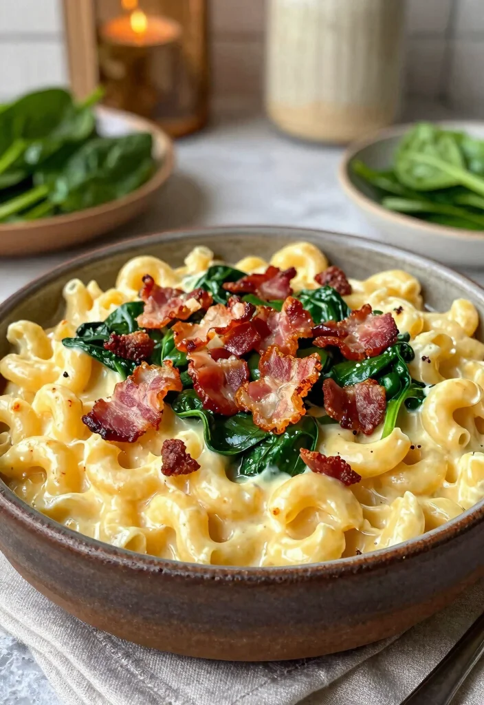 18 Smoked Gouda Mac and Cheese Variations to Try - 8. Bacon and Spinach Smoked Gouda Mac and Cheese 1
