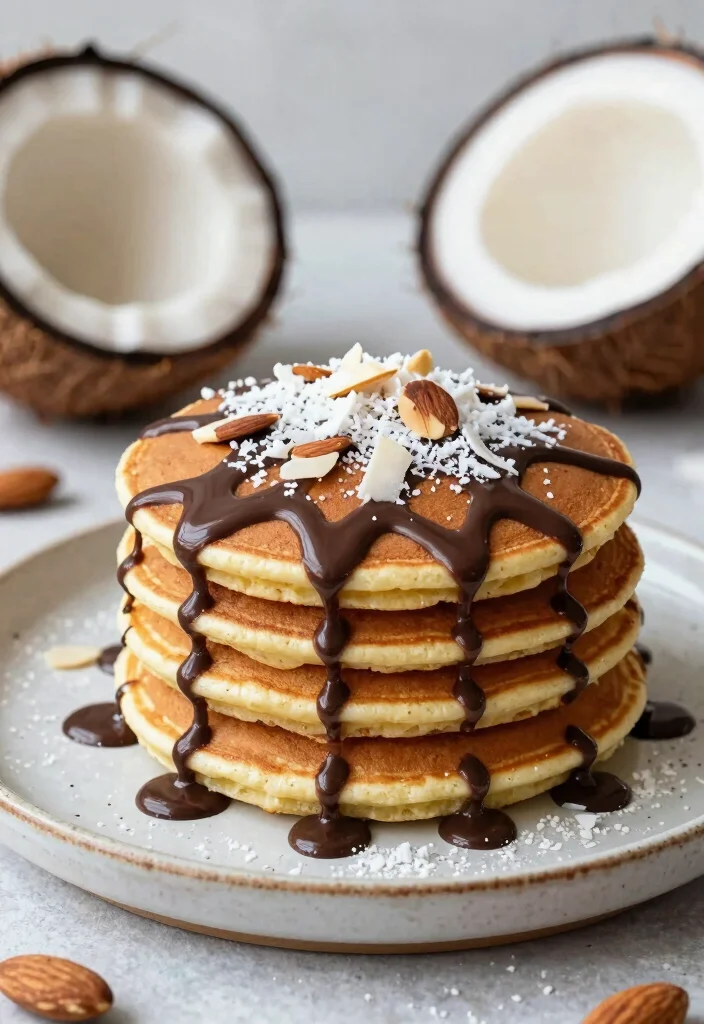 18 Vegan Pancake Recipes That Are Soft, Fluffy, and Egg Free - 14. Almond Joy Vegan Pancakes 1