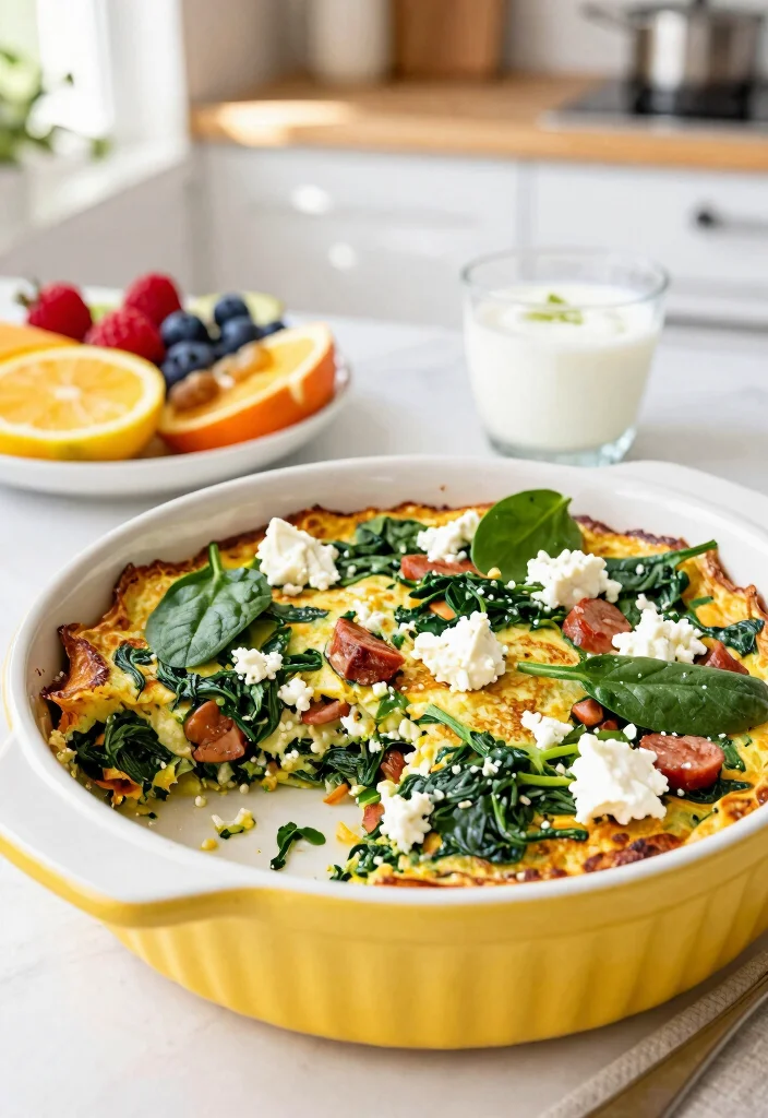 20 Sausage Pancake Breakfast Casserole Recipes for Hearty Meals - 14. Savory Spinach and Feta Sausage Pancake Bake 1